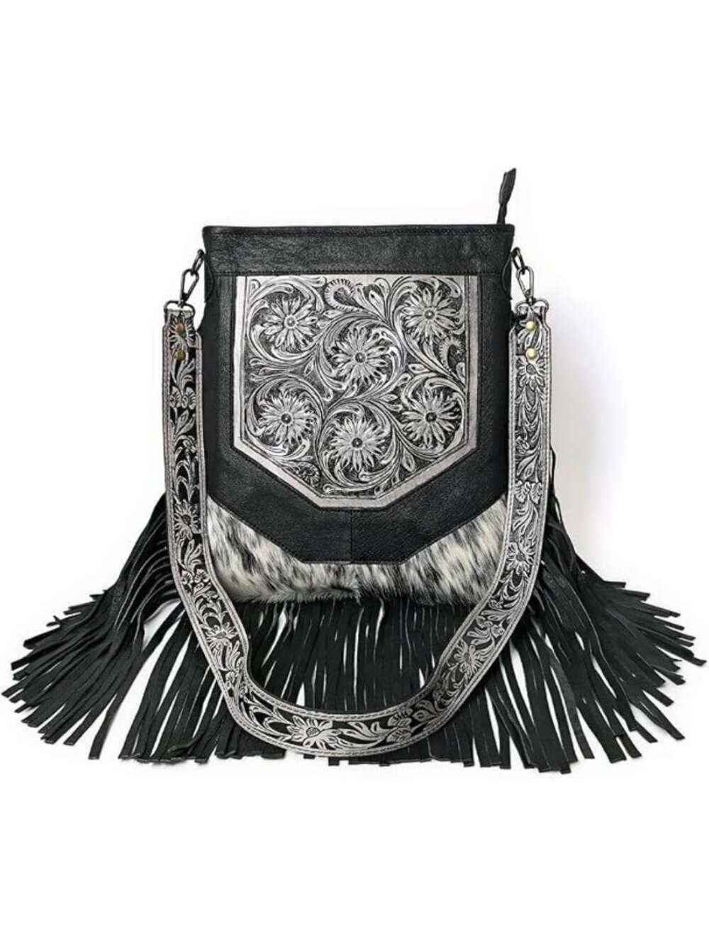 Hand-Carved Fringed Shoulder Bag | Natural Cowhide with Floral Tooling Design